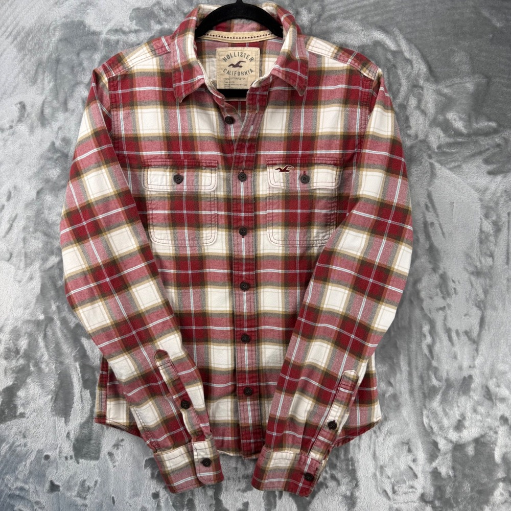 Hollister Mens Flannel Shirt Medium Red White Plaid Long Sleeve Cotton GORPCORE